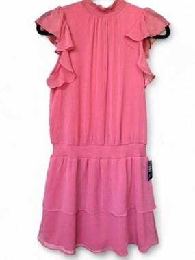 Express Smocked Mock Neck Ruffle Dress | Tiered Mini Coral Pink Size S | NWT 🌸
